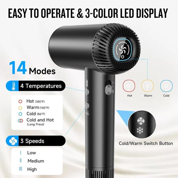 Hair Dryer High Speed Ionic Fan Diffuser Lightweight Travel Salon Black - Picture 6 of 9